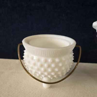 Vintage Hobnail Milk Glass Cauldron and Candy Dish