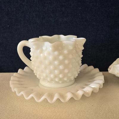Vintage Hobnail Milk Glass Teacup and Saucer and Candy Dish