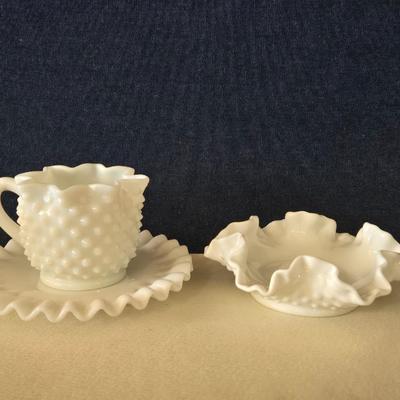 Vintage Hobnail Milk Glass Teacup and Saucer and Candy Dish