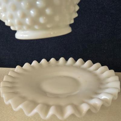 Vintage Hobnail Milk Glass Teacup and Saucer and Candy Dish