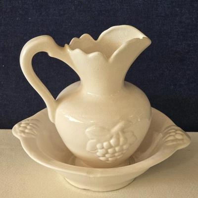 Ceramic Crackle Glaze Grape Motif Pitcher and Bowl