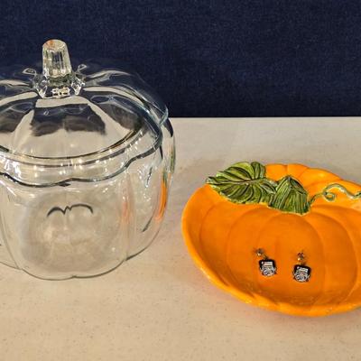 Ceramic Pumpkin Plate, Glass Pumpkin, and Frankenstein Earrings