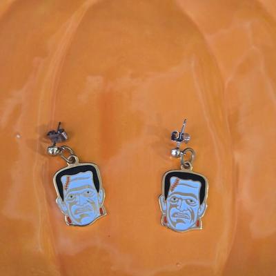 Ceramic Pumpkin Plate, Glass Pumpkin, and Frankenstein Earrings