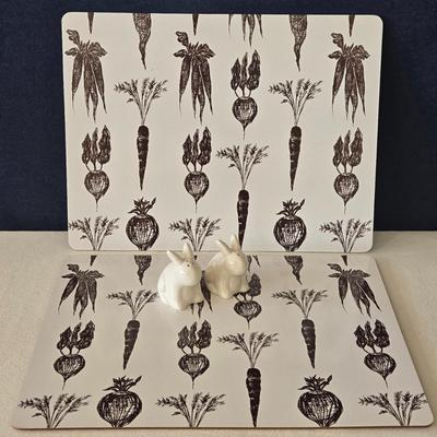 (2) Spring Placemats with Cork Bottoms and Ceramic Bunny Salt & Pepper Shakers