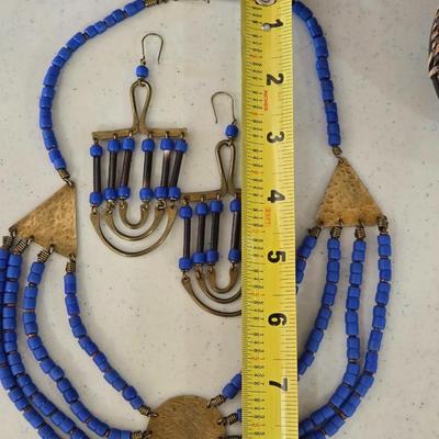 African Necklace & Earrings and Carved Wood Trinket Box