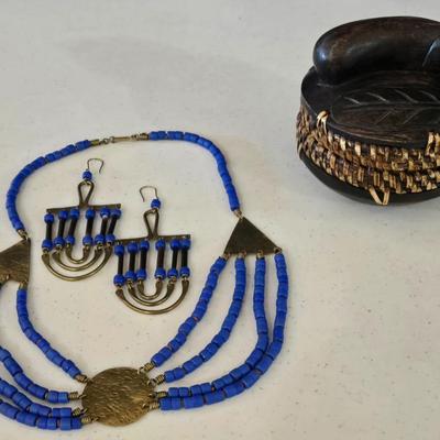 African Necklace & Earrings and Carved Wood Trinket Box