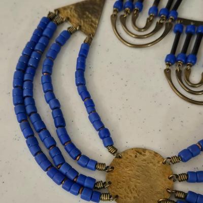 African Necklace & Earrings and Carved Wood Trinket Box