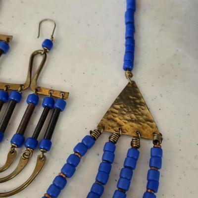 African Necklace & Earrings and Carved Wood Trinket Box