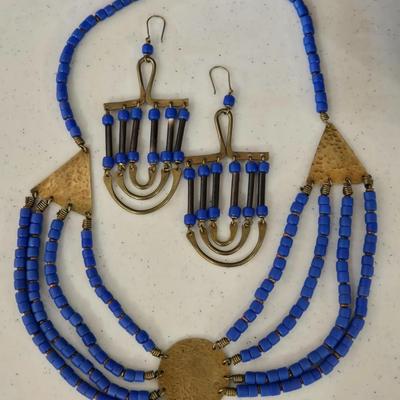 African Necklace & Earrings and Carved Wood Trinket Box