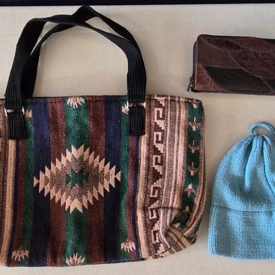 Southwest Handbag, Leather Wallet and Knit Hat