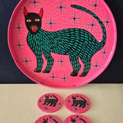 Mexican Handpainted Alebrijes Tray & Coasters