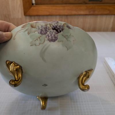 Antique T&V Limoges Gold-Footed Bowl Hand-Painted Grapes & Vines, Gold Accents