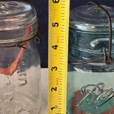 (2) 5" Blue Hinged Lid Ball Jars and (1) Ideal Jar