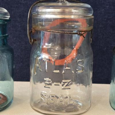 (2) 5" Blue Hinged Lid Ball Jars and (1) Ideal Jar