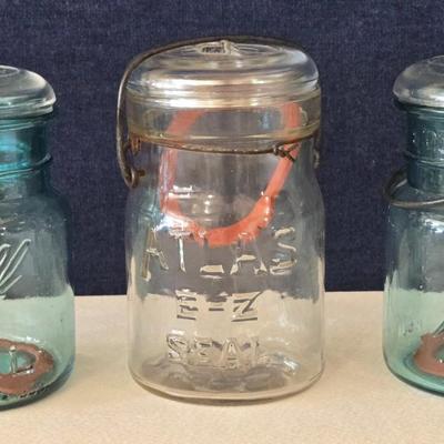 (2) 5" Blue Hinged Lid Ball Jars and (1) Ideal Jar