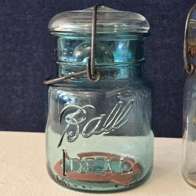 (2) 5" Blue Hinged Lid Ball Jars and (1) Ideal Jar