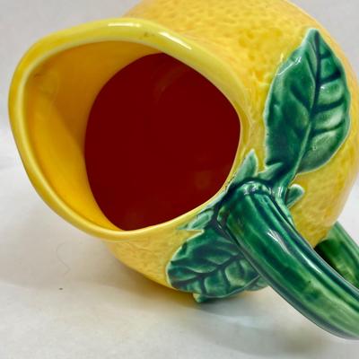 Vintage Majolica Style Large Ceramic Orange Pitcher with Salt and Pepper Shakers With Green Leaf Handle 6.5"