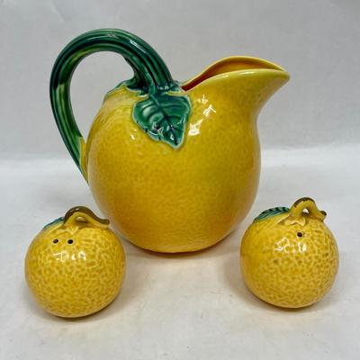 Vintage Majolica Style Large Ceramic Orange Pitcher with Salt and Pepper Shakers With Green Leaf Handle 6.5"