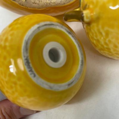 Vintage Majolica Style Large Ceramic Orange Pitcher with Salt and Pepper Shakers With Green Leaf Handle 6.5"
