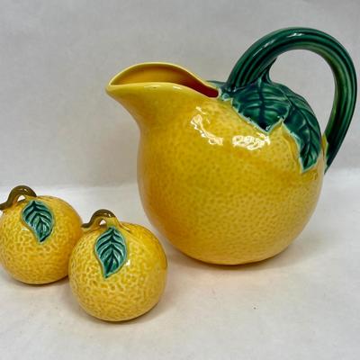 Vintage Majolica Style Large Ceramic Orange Pitcher with Salt and Pepper Shakers With Green Leaf Handle 6.5"