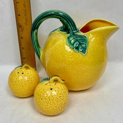 Vintage Majolica Style Large Ceramic Orange Pitcher with Salt and Pepper Shakers With Green Leaf Handle 6.5"