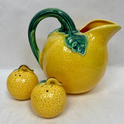 Vintage Majolica Style Large Ceramic Orange Pitcher with Salt and Pepper Shakers With Green Leaf Handle 6.5"