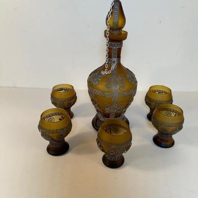 Lot 143. Vintage Satin Amber Glass Decanter Set