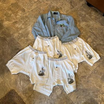 NEW LOONEY TUNES DENIM SHIRT (MED) AND NEW UNDERWEAR (SMALL)