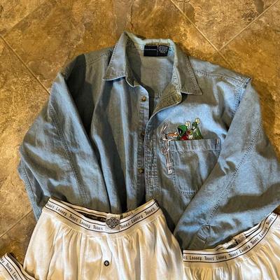 NEW LOONEY TUNES DENIM SHIRT (MED) AND NEW UNDERWEAR (SMALL)