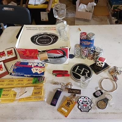 COBY MP3/CD PLAYER, POKER CHIPS, DECKS OF CARDS AND MORE
