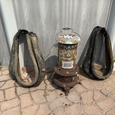 2 LEATHER HORSE COLLARS AND A WOOD STOVE