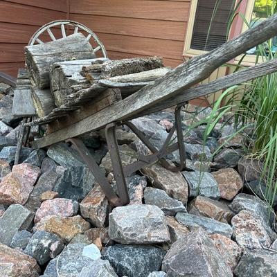ANTIQUE CART/DOLLY AND A WAGON WHEEL
