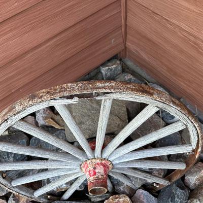 ANTIQUE CART/DOLLY AND A WAGON WHEEL