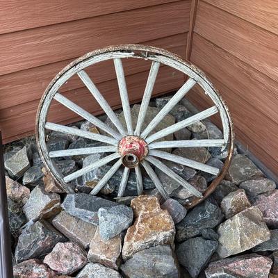 ANTIQUE CART/DOLLY AND A WAGON WHEEL