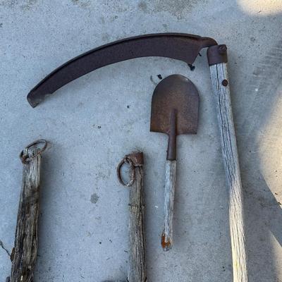 SCYTHE HAY SICKLE AND OTHER ANTIQUE HAND TOOLS