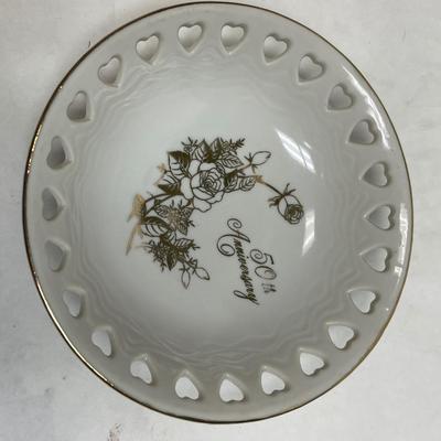 Pedestal Porcelain Pastry Dish and 50th Anniversary Porcelain Trinket Bowl