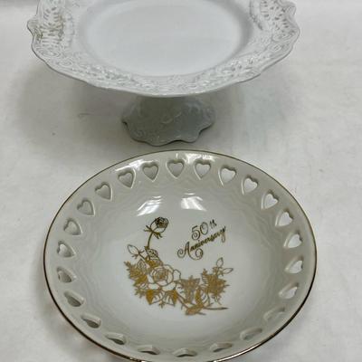 Pedestal Porcelain Pastry Dish and 50th Anniversary Porcelain Trinket Bowl