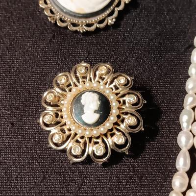 GENUINE PEARL 3 STRAND NECKLACE & 2 CAMEO BROOCHES