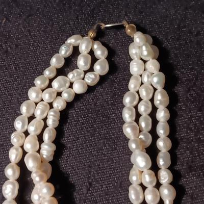 GENUINE PEARL 3 STRAND NECKLACE & 2 CAMEO BROOCHES