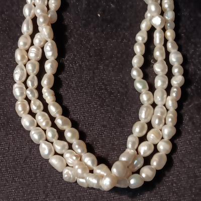 GENUINE PEARL 3 STRAND NECKLACE & 2 CAMEO BROOCHES