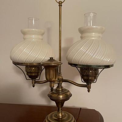Fenton double Student Lamp with white opaline shades