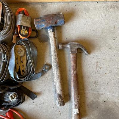 RATCHET STRAPS, SLEDGE HAMMER AND EXTENSION CORDS