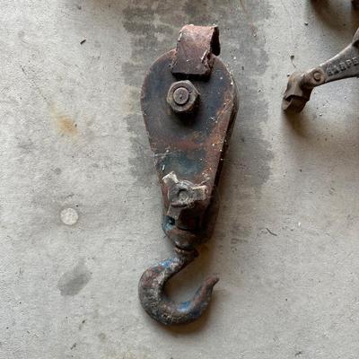 IRON PULLEY AND ANTIQUE 3 WHEEL CASTERS