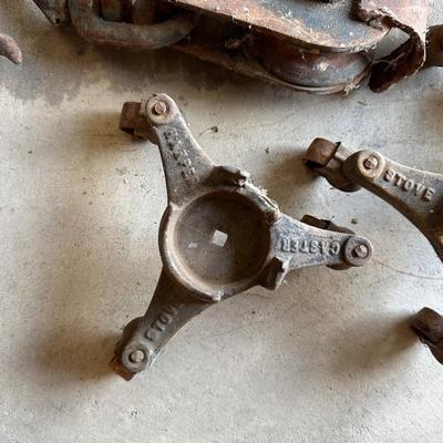 IRON PULLEY AND ANTIQUE 3 WHEEL CASTERS