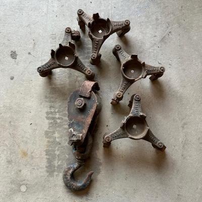IRON PULLEY AND ANTIQUE 3 WHEEL CASTERS