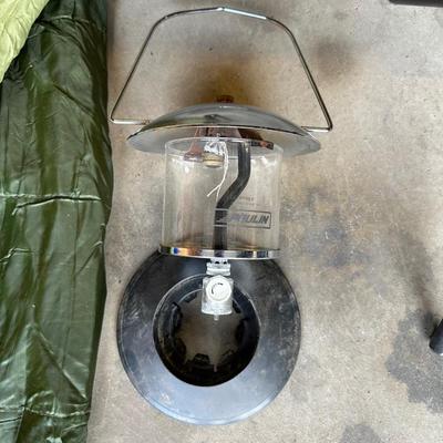 DOWN SLEEPING BAG, FOLDING CHAIR AND TABLE PLUS LANTERN