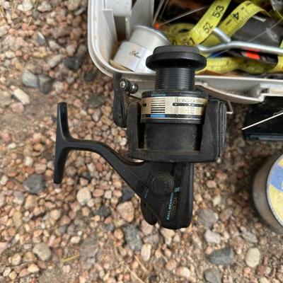 FISHING REEL & TACKLE W/BOX PLUS GALVANIZED MINNOW BUCKET