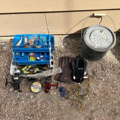 FISHING REEL & TACKLE W/BOX PLUS GALVANIZED MINNOW BUCKET