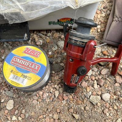 FISHING REEL & TACKLE W/BOX PLUS GALVANIZED MINNOW BUCKET