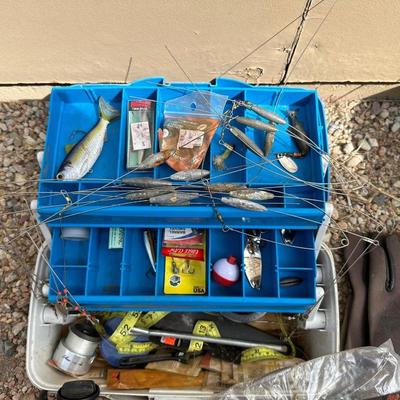 FISHING REEL & TACKLE W/BOX PLUS GALVANIZED MINNOW BUCKET